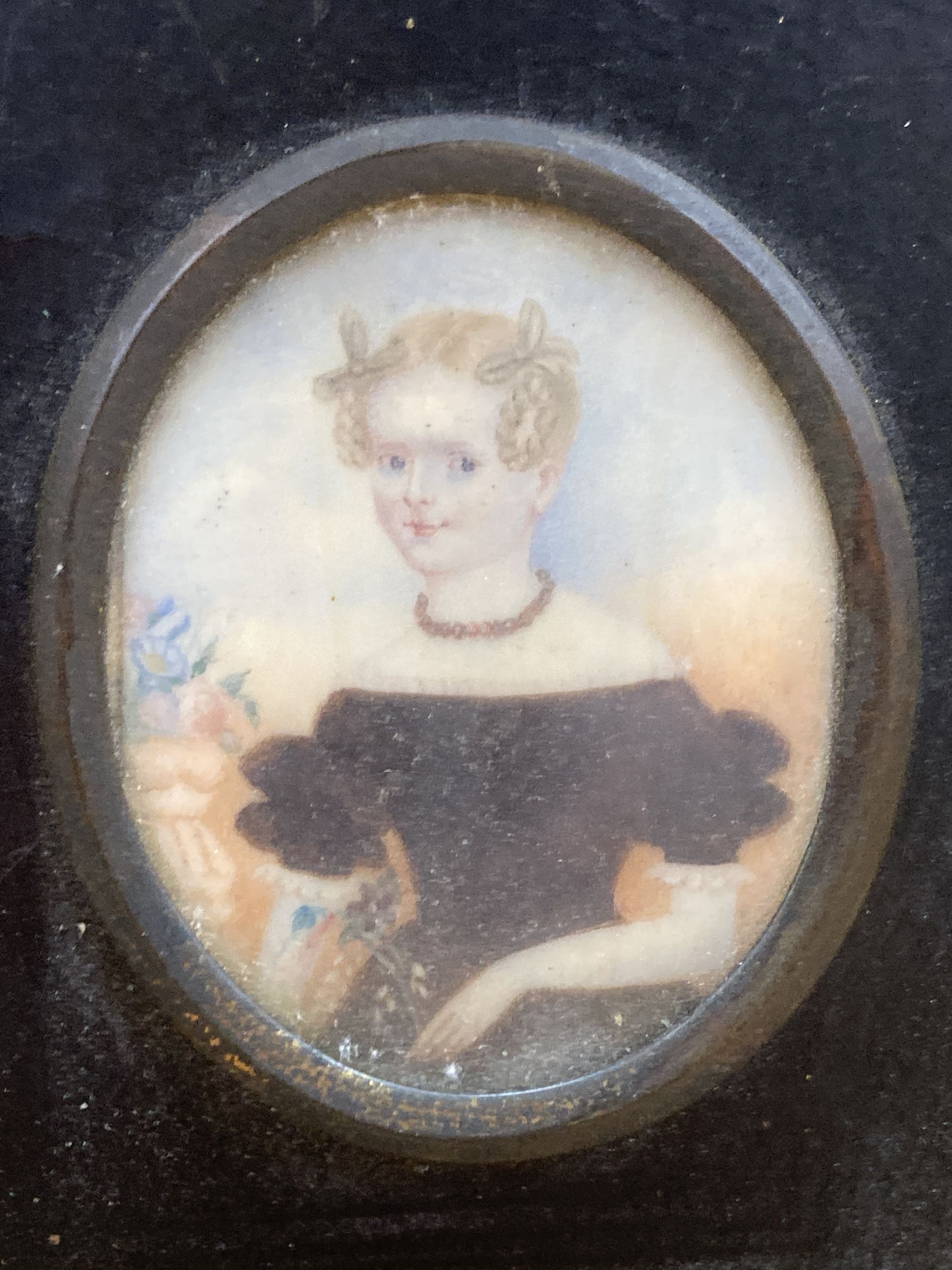 19th century English School, two oils on ivory, Miniature portraits of a girl and gentleman, 5 x 4.5cm and 10 x 7cm, together with a la